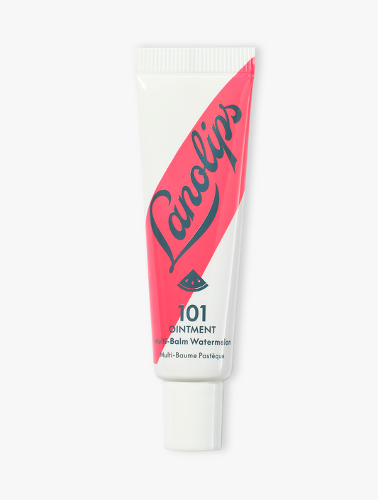 Product shot of the Lanolips 101 Ointment Multi-Balm Watermelon, featuring the closed tube. 101 Ointment Multi-Balm Watermelon is part of our 101 Flavoured lip balm range. The World's Best Lip Balm infused with natural watermelon fruit extracts & vitamin E. This super-rich balm penetrates and seals in moisture to give long-lasting hydration for dry chapped lips, skin patches, cuticles, elbows & more.