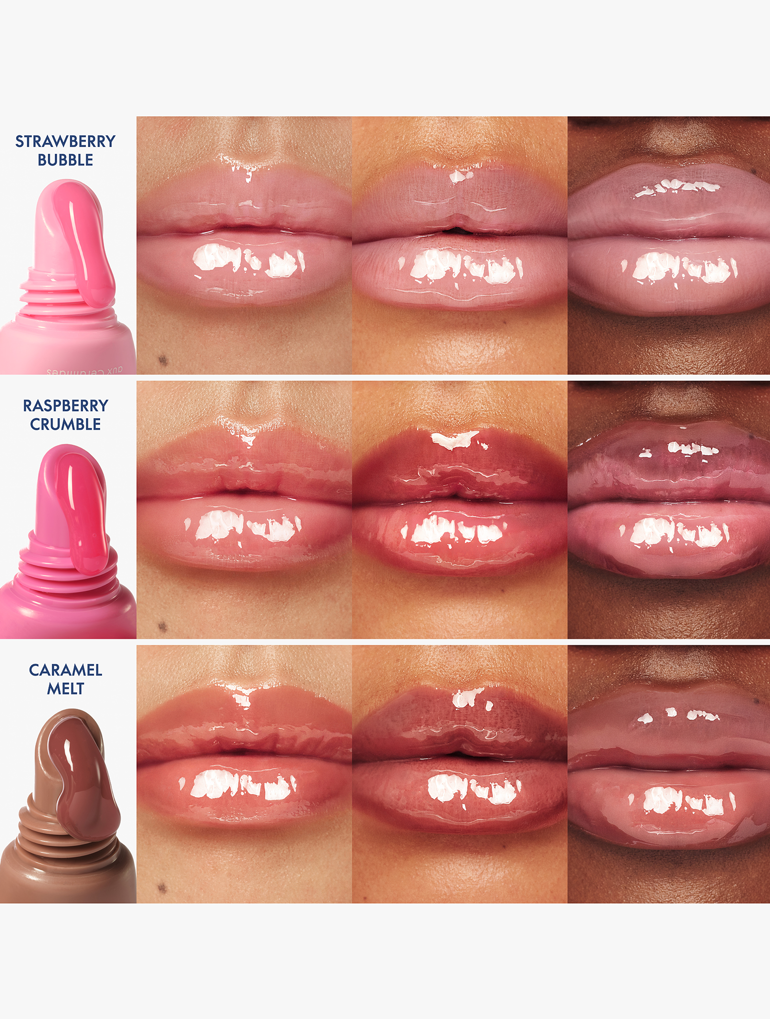 Lanolips ceramide milkshake lip balm swatches on lips with product names 'Strawberry Bubble', 'Raspberry Crumble', and 'Caramel Melt'.
