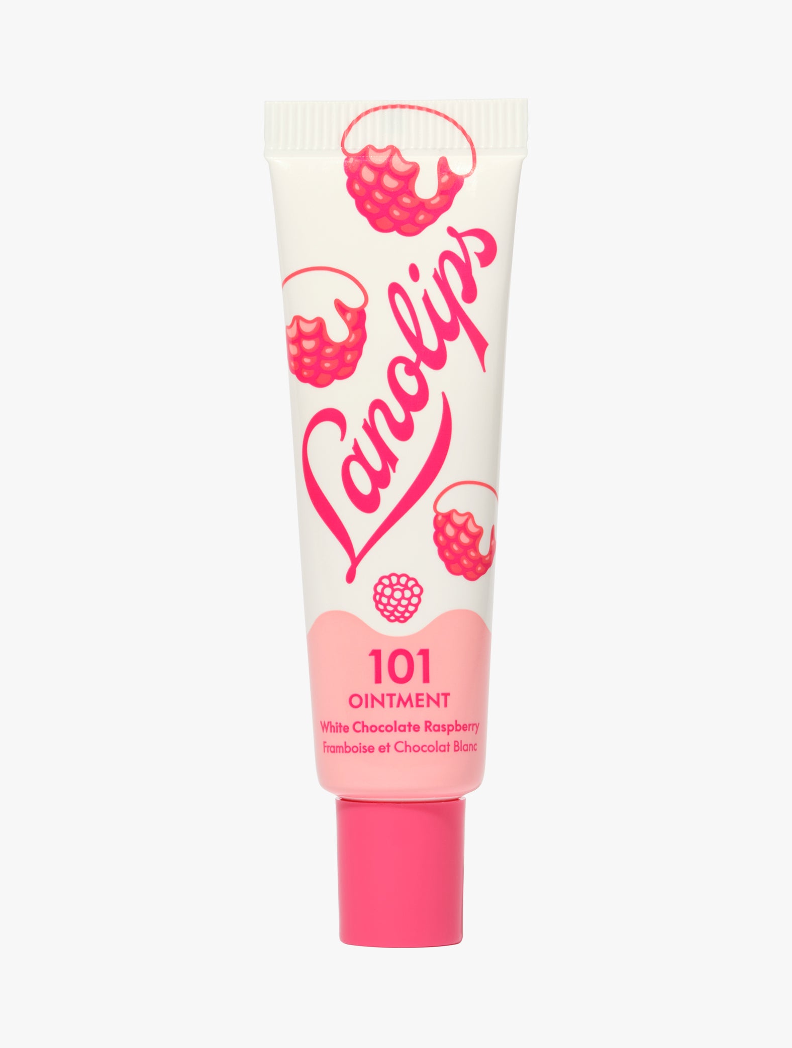 Product shot of the Lanolips 101 Ointment Multi-Balm White Chocolate Raspberry. Made with hydrating lanolin, vitamin e and all-natural flavours for the sweetest treat on your lips.