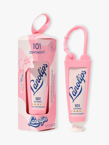 Product shot of the Lanolips Original 101 Ointment 9g Bauble and key ring. Made with 100% ultra-pure grade lanolin and is called The World's Best Lip Balm. 